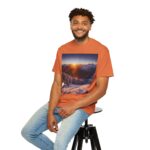 Man wearing burnt orange Mountain Glow Horizon T-shirt while seated – front view