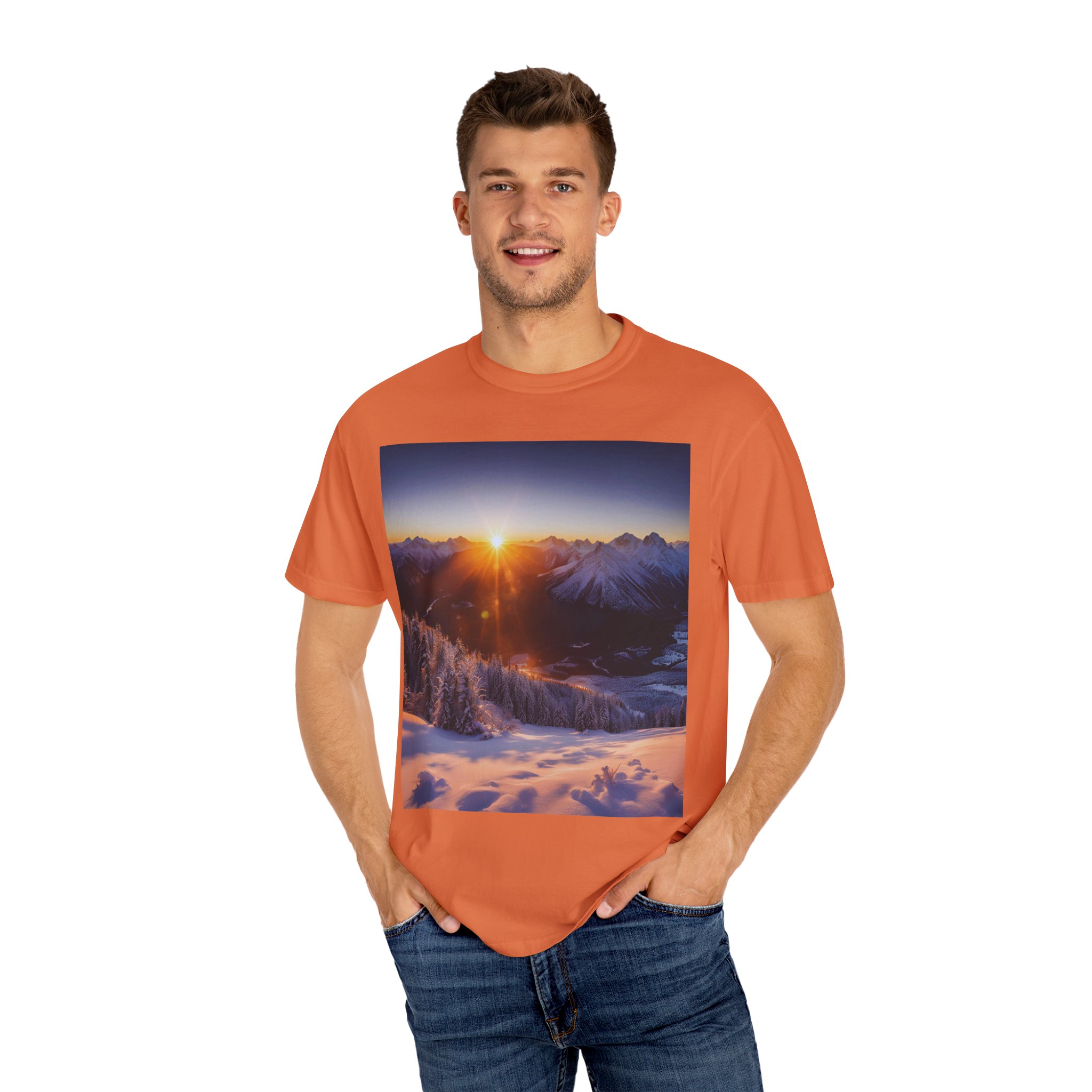 17372387926822427023_2048.jpeg Man wearing burnt orange Mountain Glow Horizon T-shirt while standing – front view