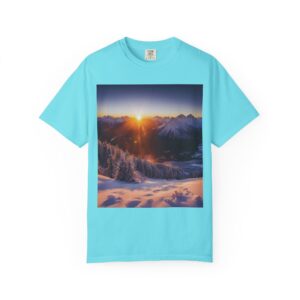 Mountain Glow Horizon T-shirt (lagoon blue color) – front view