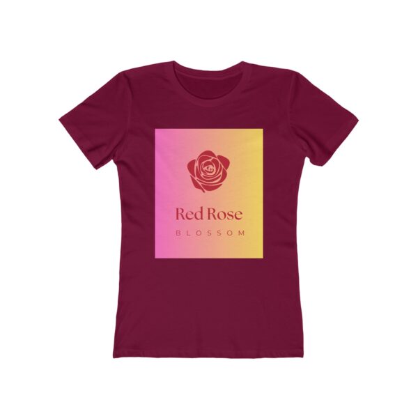 Red Rose Blossom – Romantic Floral Boyfriend T-shirt for women (solid cardinal red color) – front view