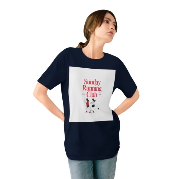Woman wearing navy 500KM Challenge T-shirt while standing – front view