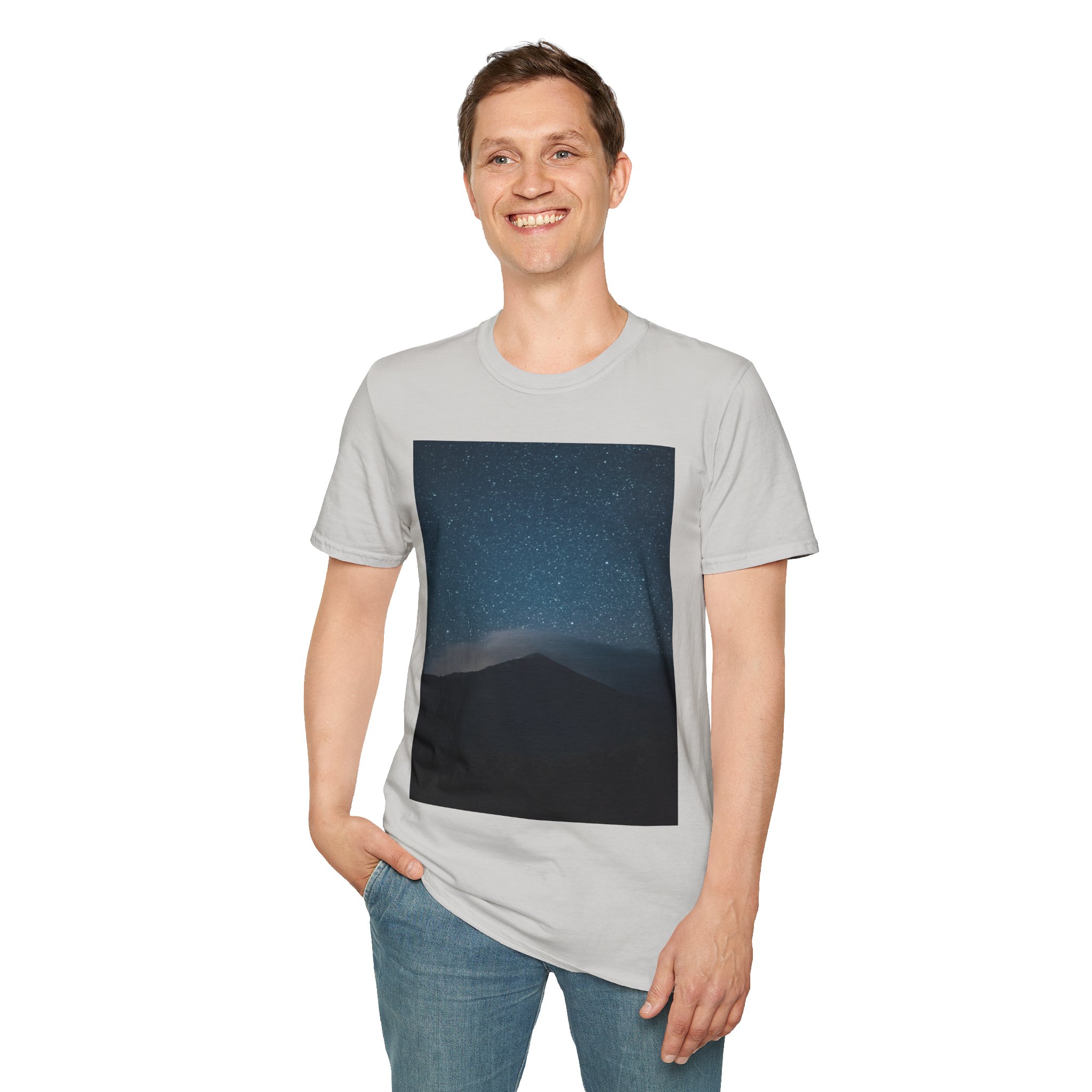 12735493077479203429_2048-1.jpeg Man wearing ice grey Galaxy Nightscape Print T-shirt while standing – front view