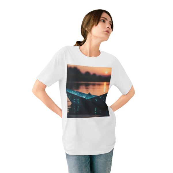 Woman wearing white Dreamy Journey T-Shirt while standing – front view
