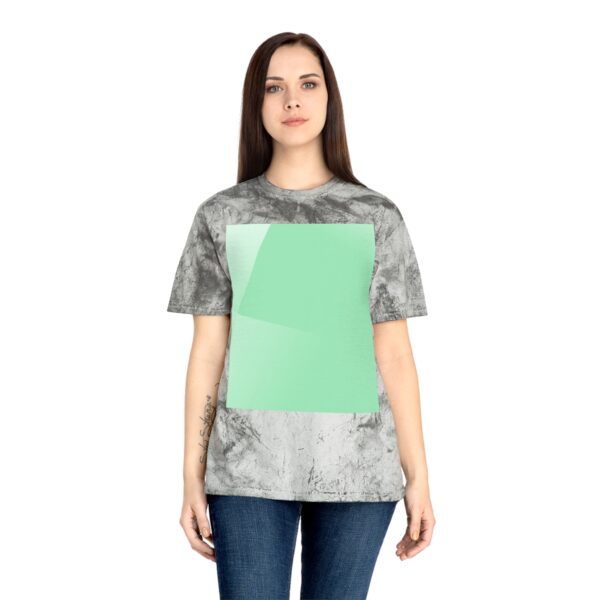 Woman wearing smoke Aurora-Inspired Sky Print T-shirt while standing – front view