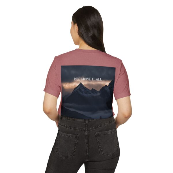 Woman wearing heather mauve Majestic Eagle Mountain T-Shirt while standing – back view