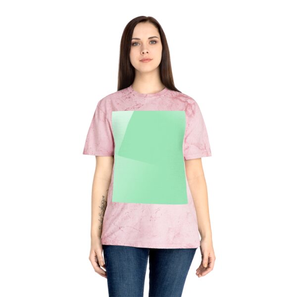 Woman wearing clay Aurora-Inspired Sky Print T-shirt while standing – front view