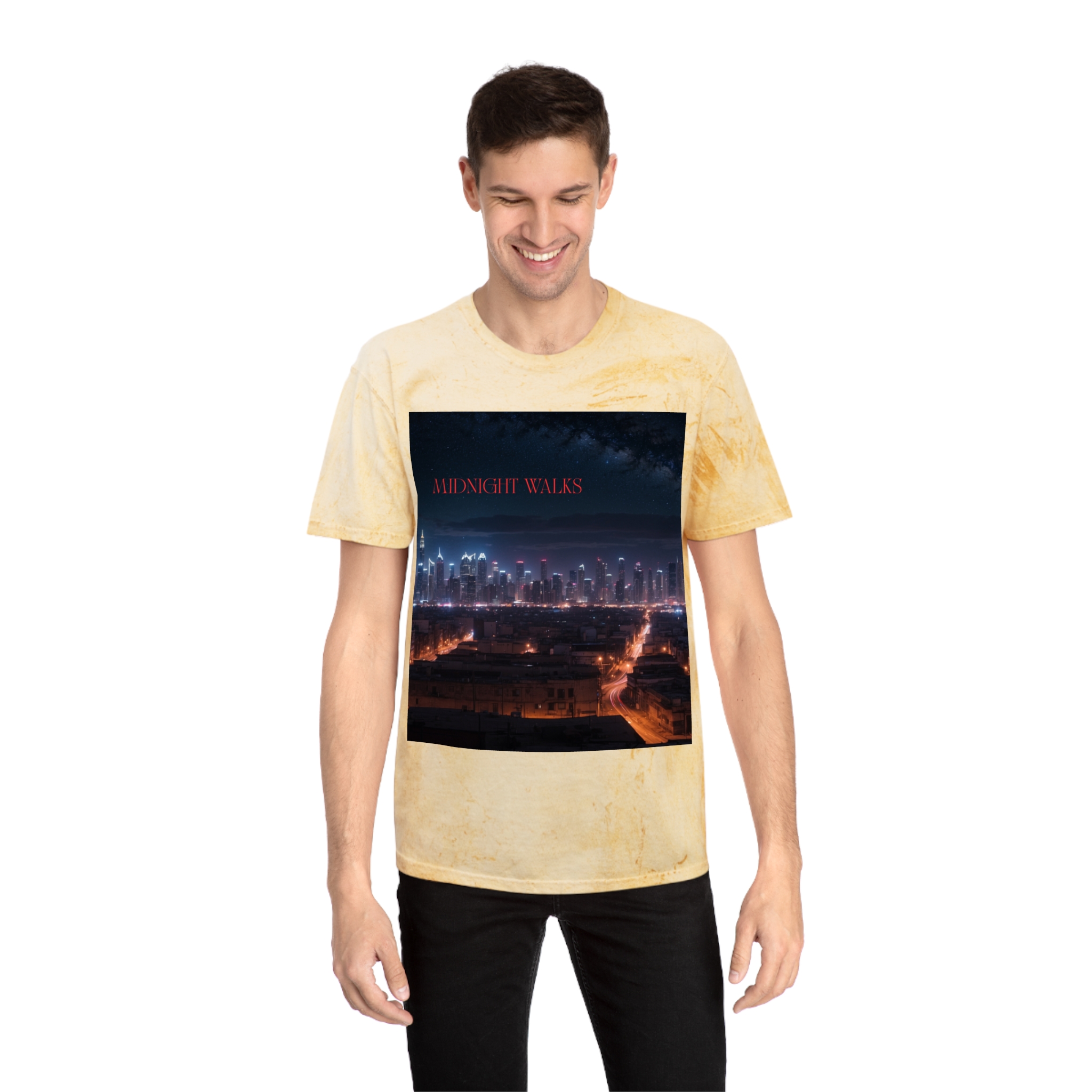 17012017683056247882_2048.jpeg Man wearing citrine Urban Aesthetic Unisex T-Shirt while standing – front view