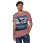 Man wearing heather mauve Majestic Eagle Mountain T-Shirt while standing – front view