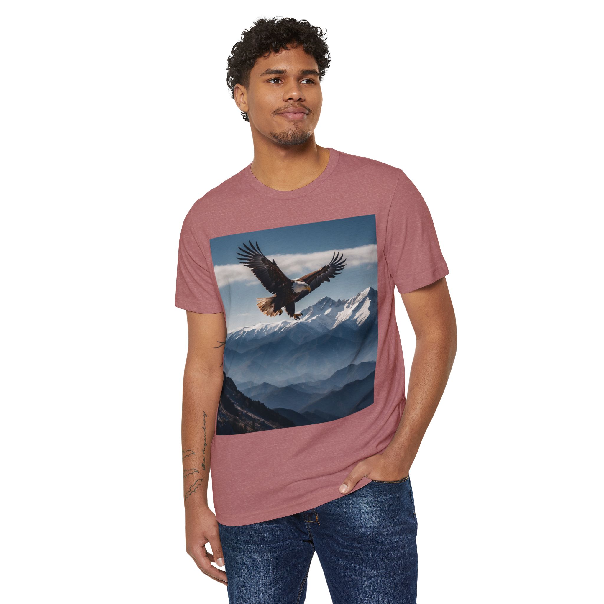 17540832004068333353_2048.jpeg Man wearing heather mauve Majestic Eagle Mountain T-Shirt while standing – front view