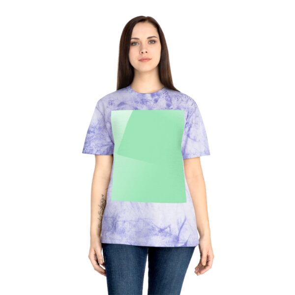 Woman wearing amethyst Aurora-Inspired Sky Print T-shirt while standing – front view