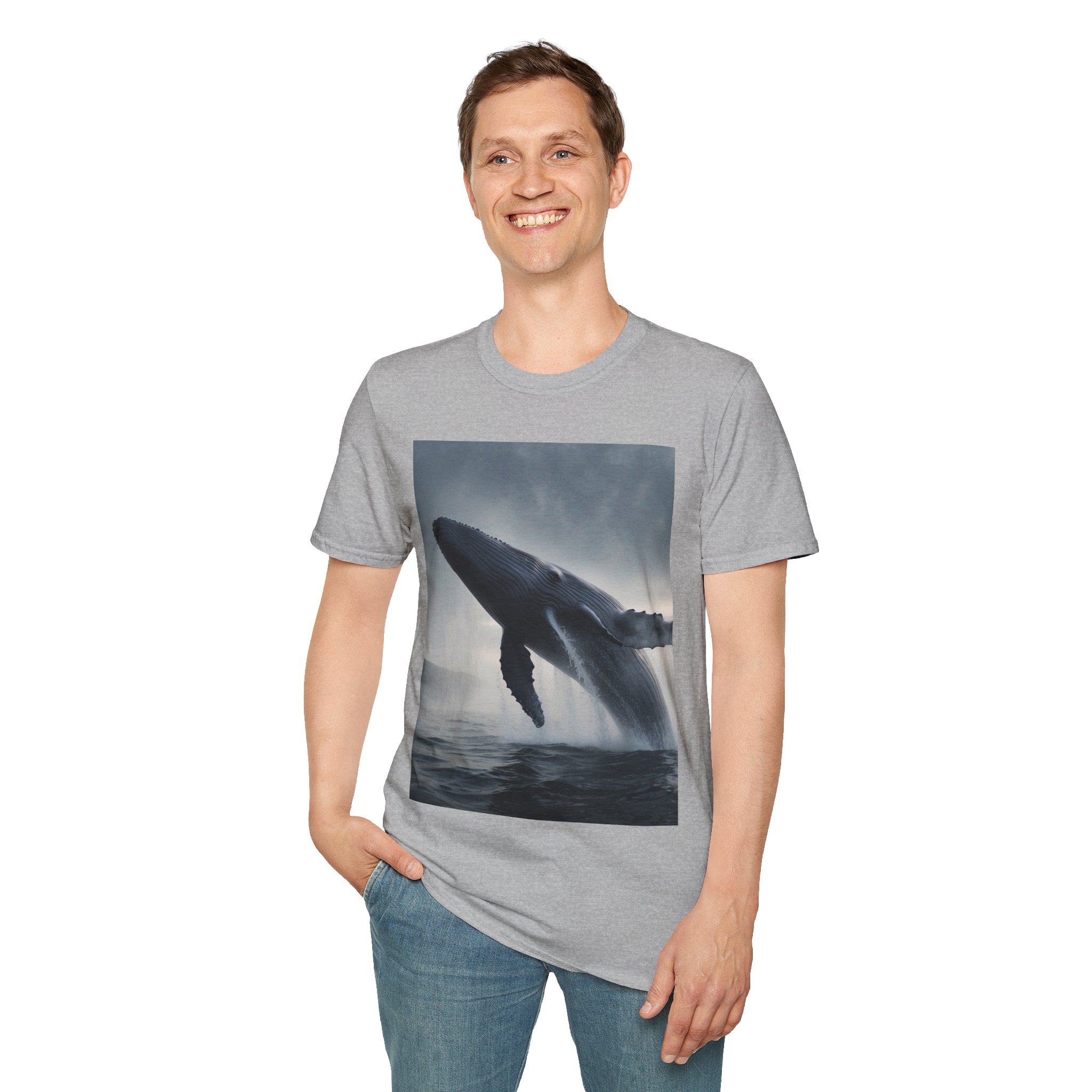 17998679270692214545_2048.jpeg Man wearing sport grey Whale Breach Unisex T-Shirt while standing– front view