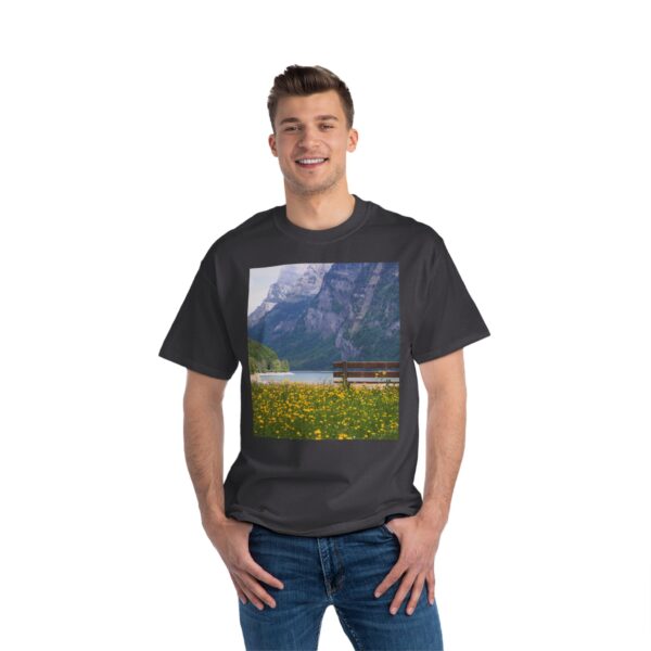 Man wearing charcoal heather Scenic Landscape Print T-shirt while standing – front view