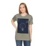 Woman wearing heather stone Stellar Eclipse T-shirt while standing – front view
