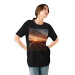 Woman wearing black Scenic Inspirational T-shirt while standing– front view