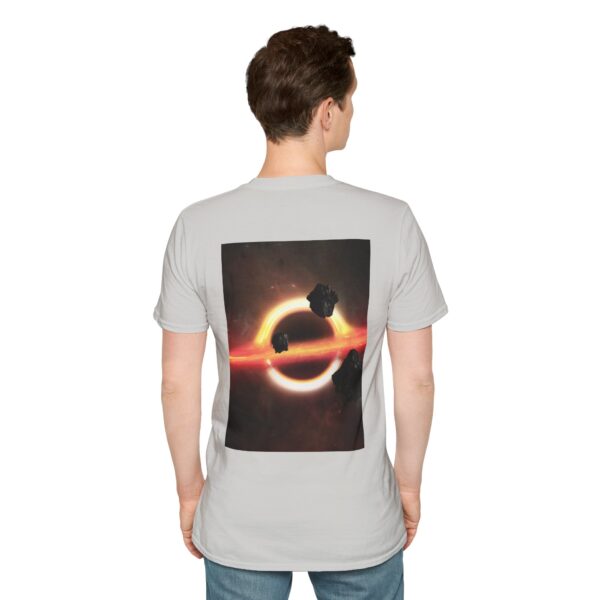 Man wearing ice grey Galaxy Nightscape Print T-shirt while standing – back view