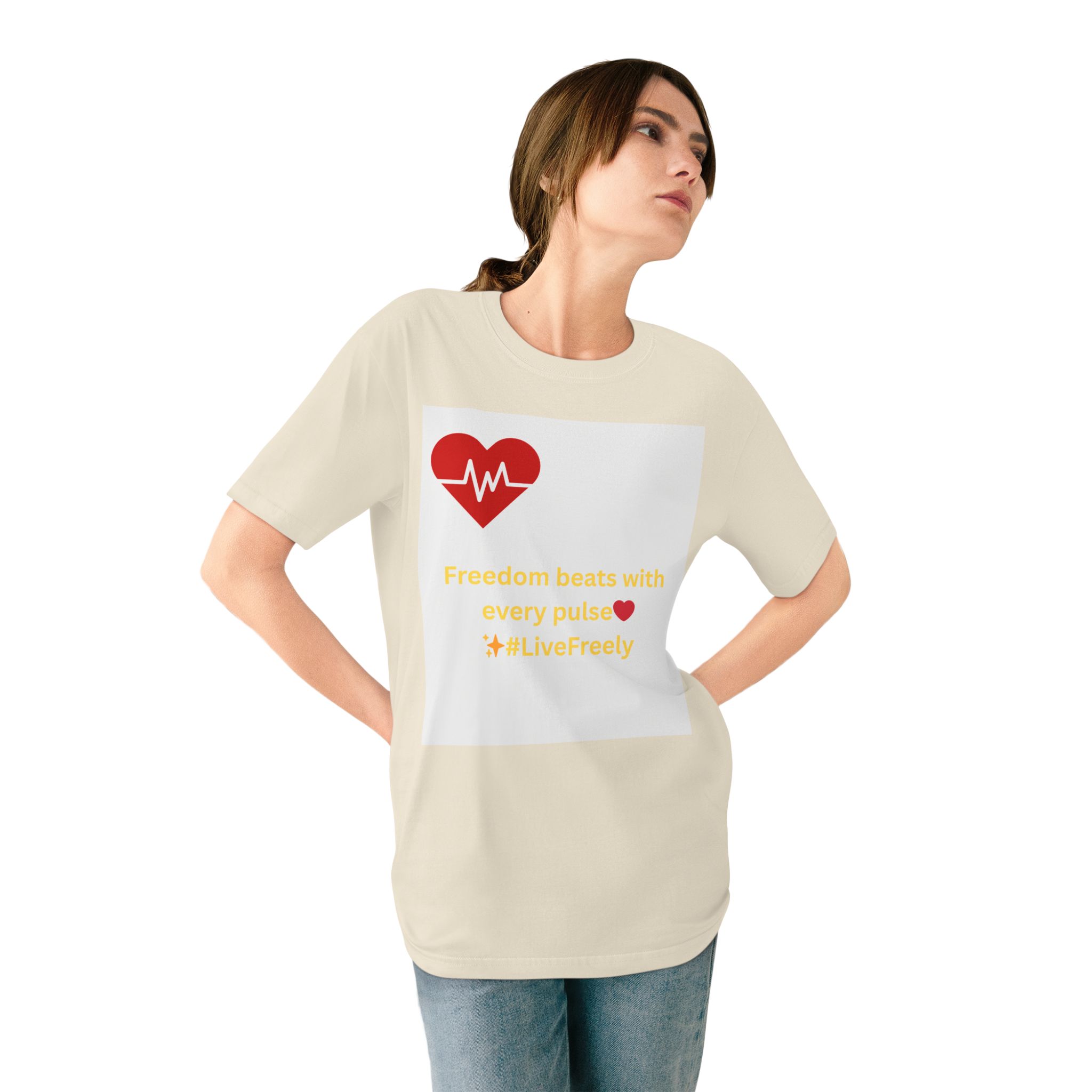 6321965590216384146_2048-1.jpeg Woman wearing natural Heartbeat & Sunset Silhouette T-shirt while standing – front view