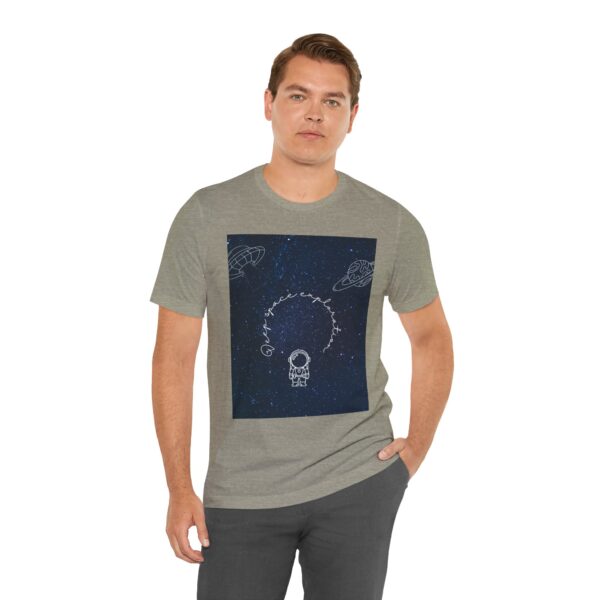 Man wearing heather stone Stellar Eclipse T-shirt while standing – front view
