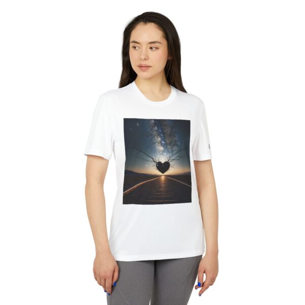Woman wearing white Scenic Adidas Unisex Love & Space T-shirt while standing – front view