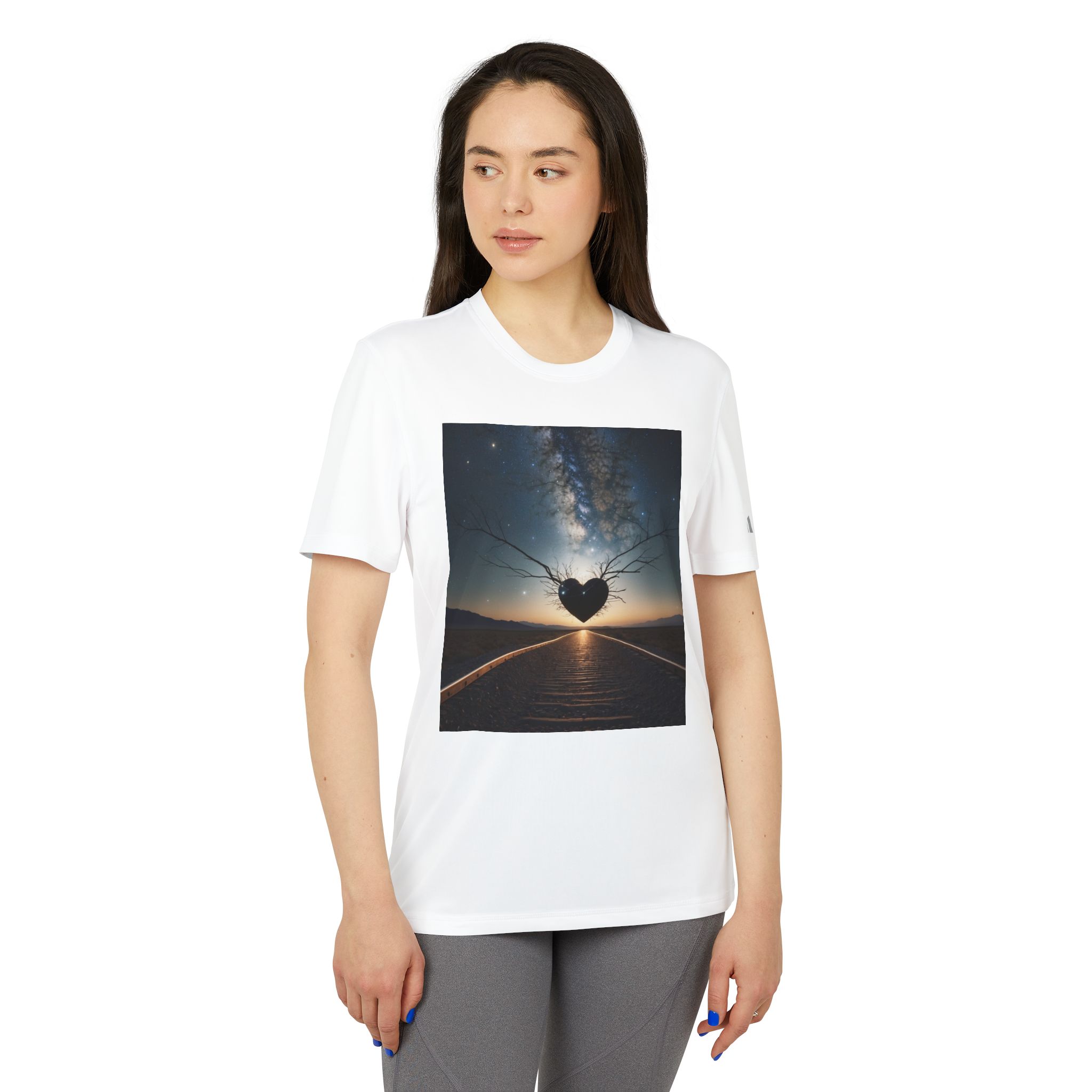 7074020855779094888_2048.jpeg Woman wearing white Scenic Adidas Unisex Love & Space T-shirt while standing – front view