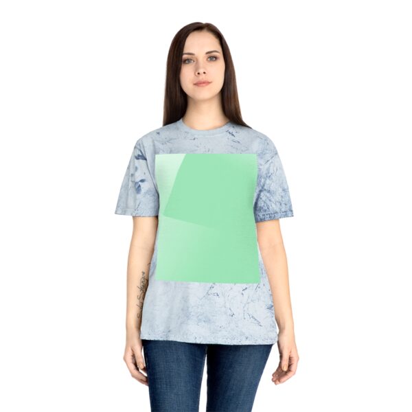Woman wearing ocean Aurora-Inspired Sky Print T-shirt while standing – front view