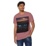 Man wearing heather mauve Eco-Friendly Graphic T-Shirt while standing – front view
