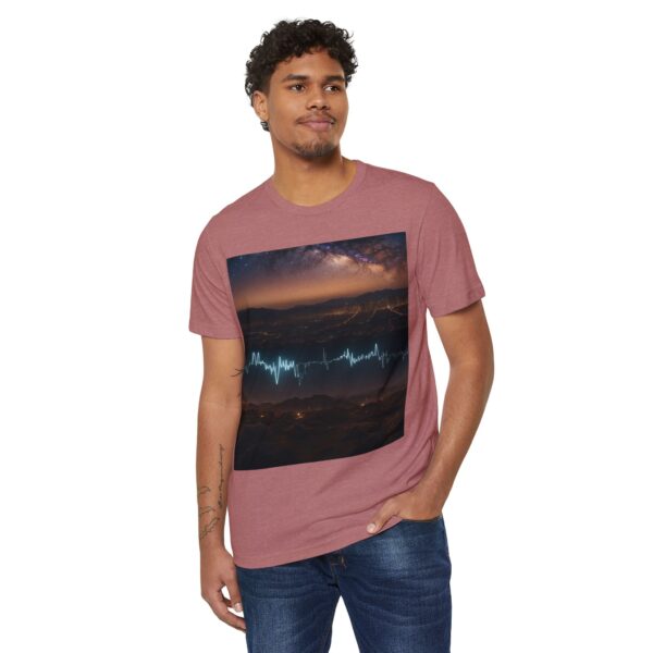 Man wearing heather mauve Eco-Friendly Graphic T-Shirt while standing – front view
