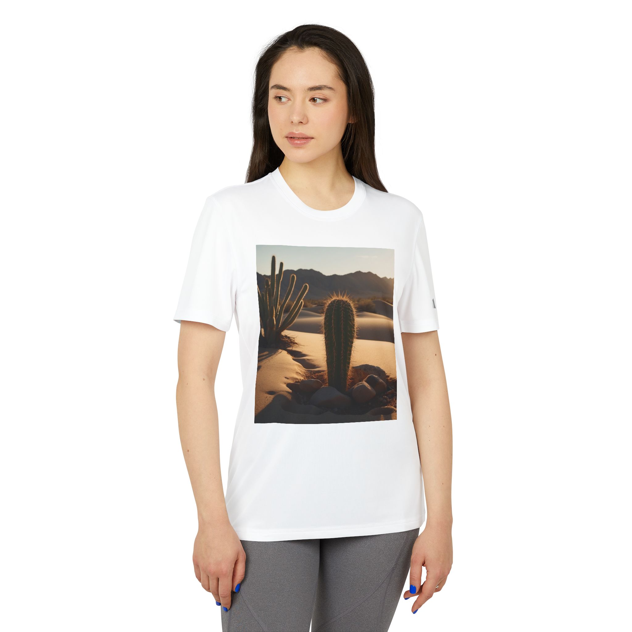 7613408770787875176_2048.jpeg Woman wearing white adidas Desert Vibes Unisex Sport T-shirt while standing – front view