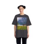 Woman wearing charcoal heather Scenic Landscape Print T-shirt while standing – front view