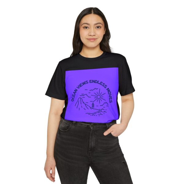 Woman wearing solid black blend Eco Surf Vibes T-shirt while standing – front view