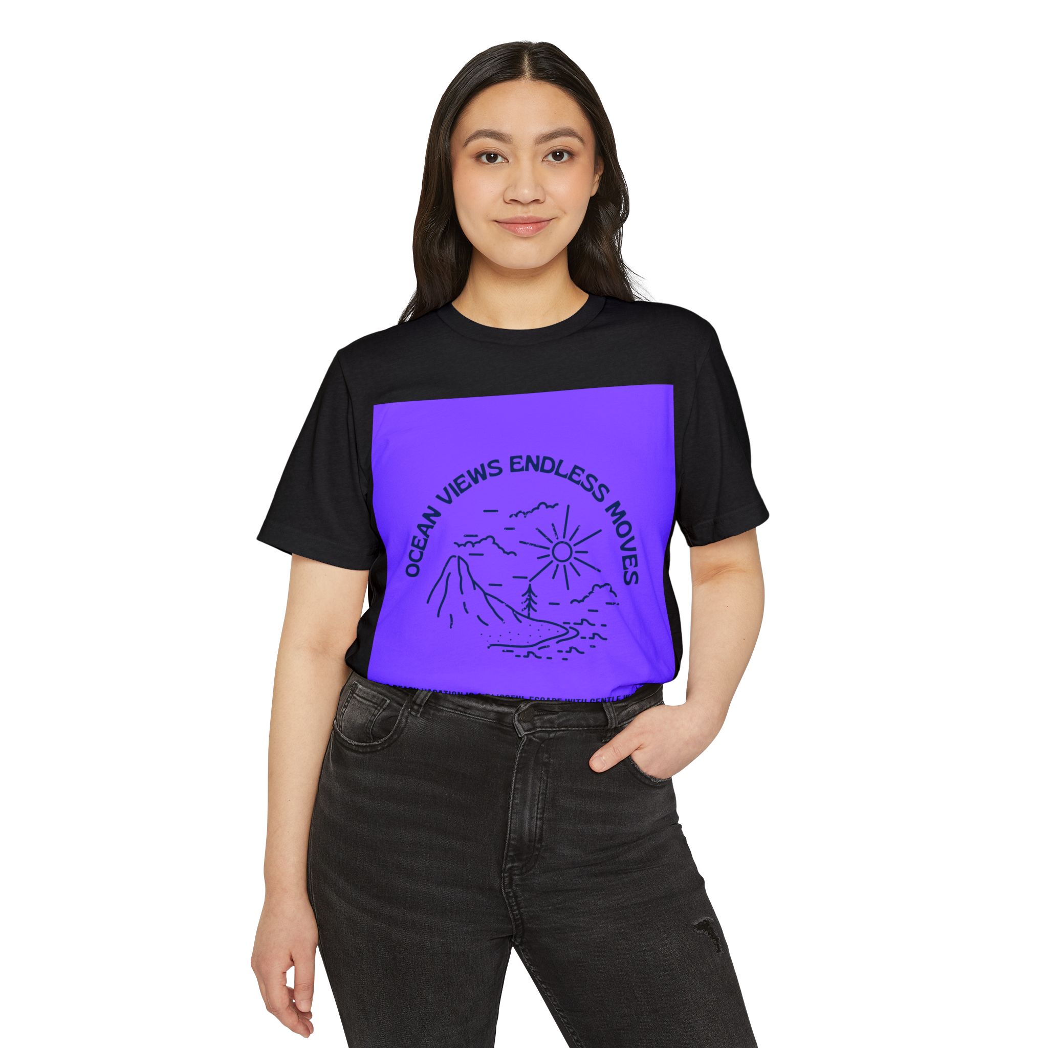 799554602921595058_2048.jpeg Woman wearing solid black blend Eco Surf Vibes T-shirt while standing – front view