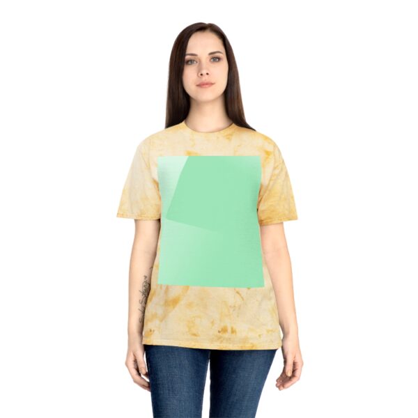 Woman wearing citrine Aurora-Inspired Sky Print T-shirt while standing – front view
