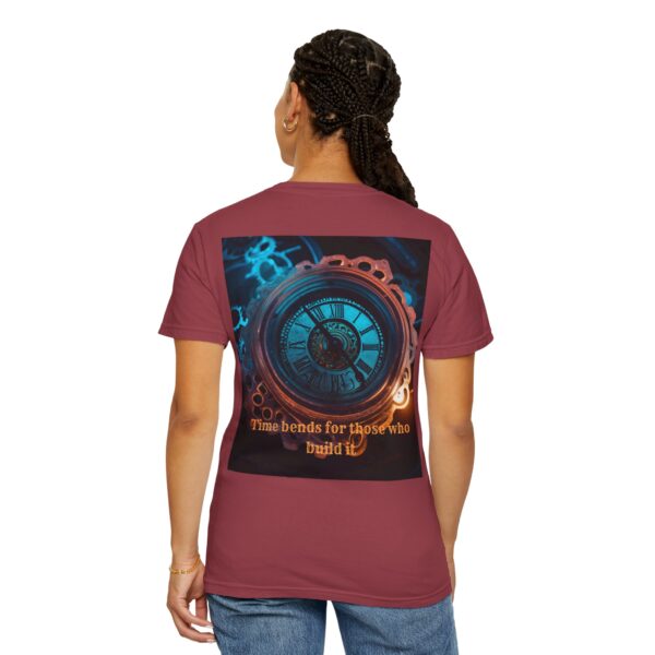 Woman wearing chilli Retro Graphic T-Shirt while standing– back view