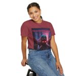 Woman wearing chilli Retro Graphic T-Shirt while sitting – front view