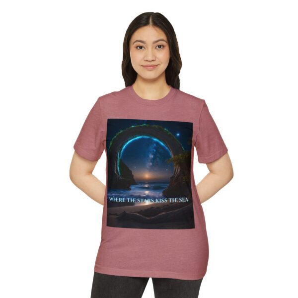 Woman wearing heather mauve Serene Nature-Inspired T-Shirt while standing – front view